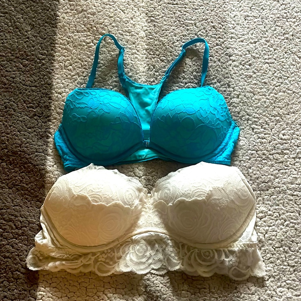 2 2 Beautiful Bras. Size 34 C. The blue one unclips in the front. Racerback.